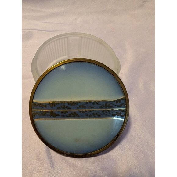 Vintage Frosted Glass Powder Vanity Jar Blue Enamel Floral Brass Lid Art Deco - Picture 3 of 3
